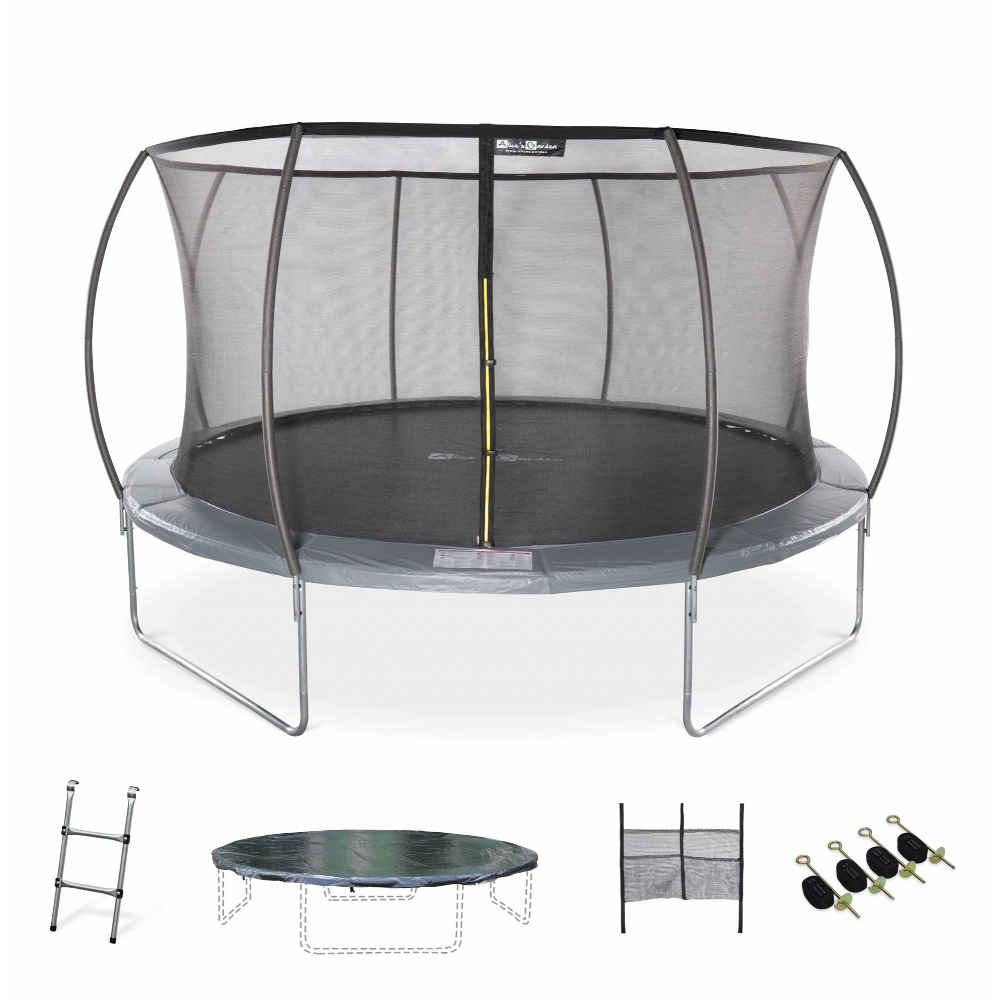 Trampoline rond Ø 430cm gris avec filet de protection intérieur - Venus Inner XXL –  échelle. bâche. filet pour chaussures et kit d'ancrage 4.30m 430 cm