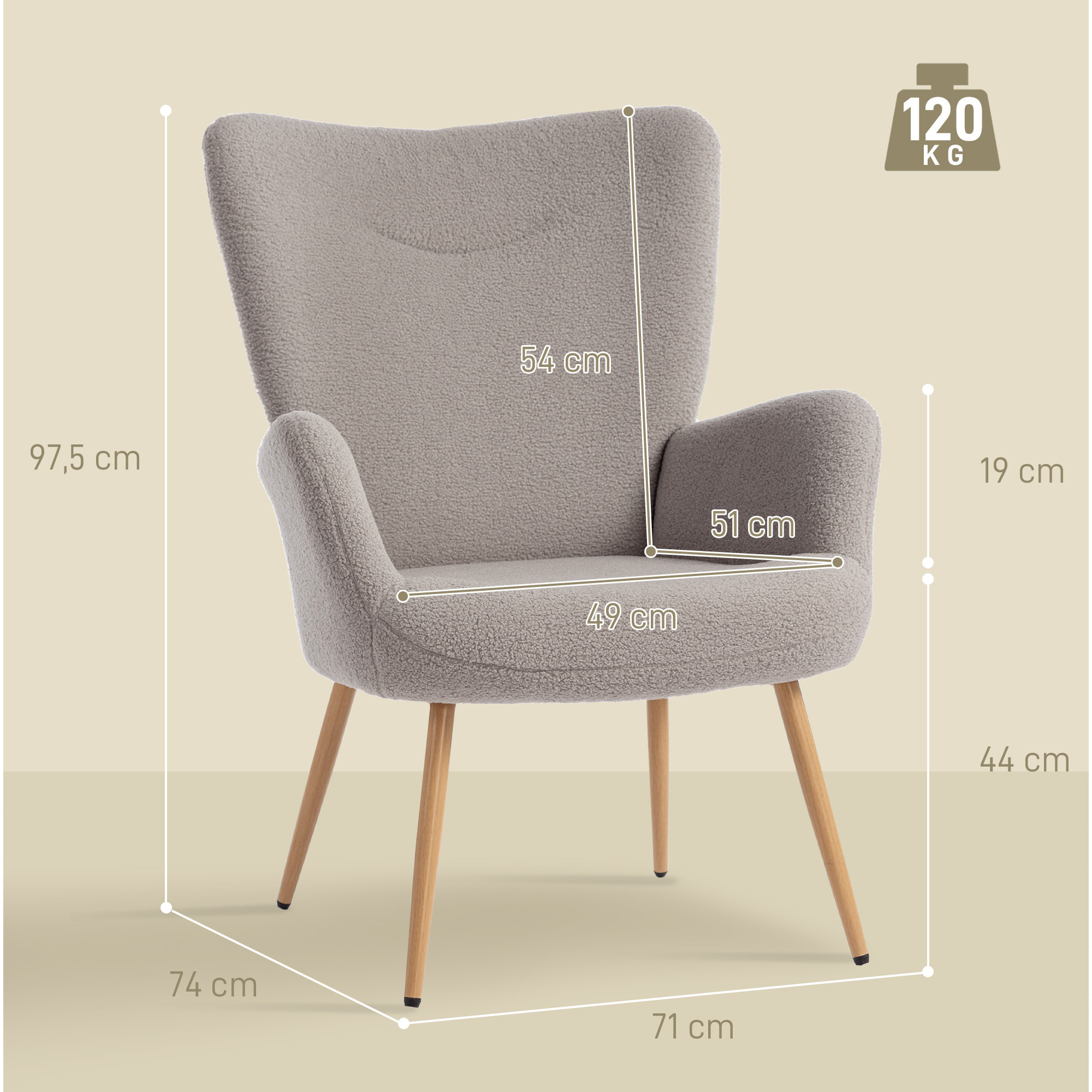 Fauteuil bouclette design à oreilles piètement métal effet bois gris
