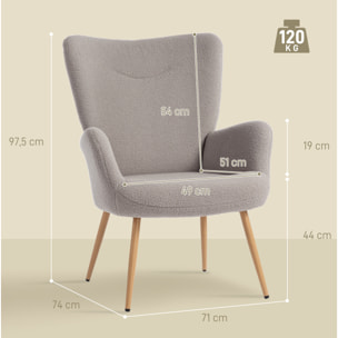 Fauteuil bouclette design à oreilles piètement métal effet bois gris