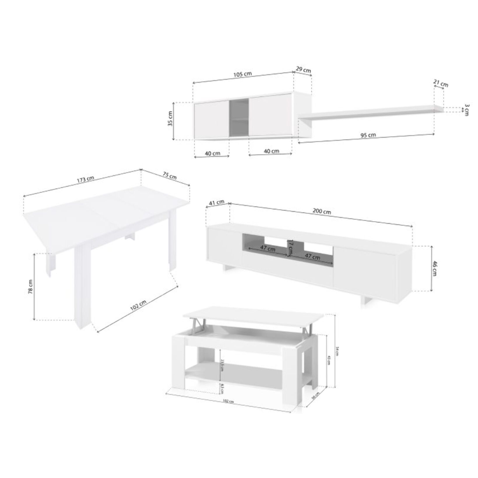 Pack salón con mesa de centro y mesa de comedor Kenzo Max V1A Blanco Brillo - Gris Antracita