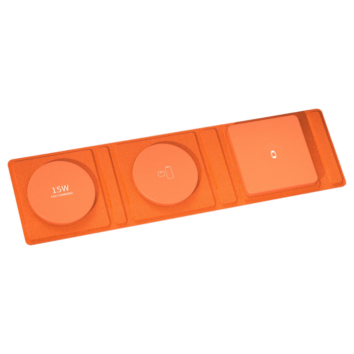 DAM Base de carga plegable portátil, de cuero. Magsafe 15W + Qi 5W + SmartWatch 3W. 31,8x8,3x0,9 Cm. Color: Naranja