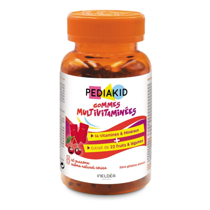 PEDIAKID - Gommes Multivitaminées - Formule Naturelle au Délicieux Arôme de Cerise - Contribue à la Réduction de la Fatigue - Soutient les Défenses Naturelles de l'Organisme - 60 gommes