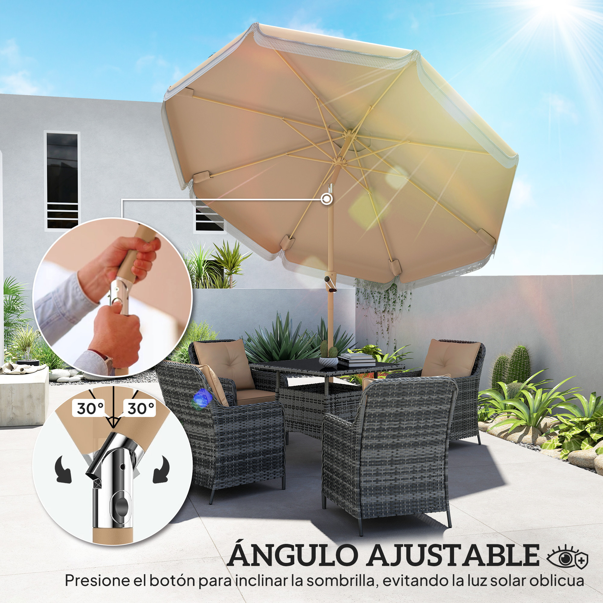 Sombrilla Terraza Exterior, Ø266x238 cm, Sombrilla de Jardín con Ángulo Ajustable 30°, Manivela, Flecos y Ventilación, Impermeable, Parasol para Terraza, Playa, Patio, Balcón, Caqui