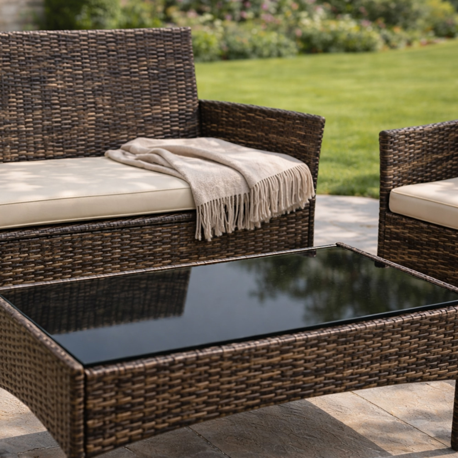 SALOU Ensemble de jardin 4 places en résine tressée marron et coussins beige