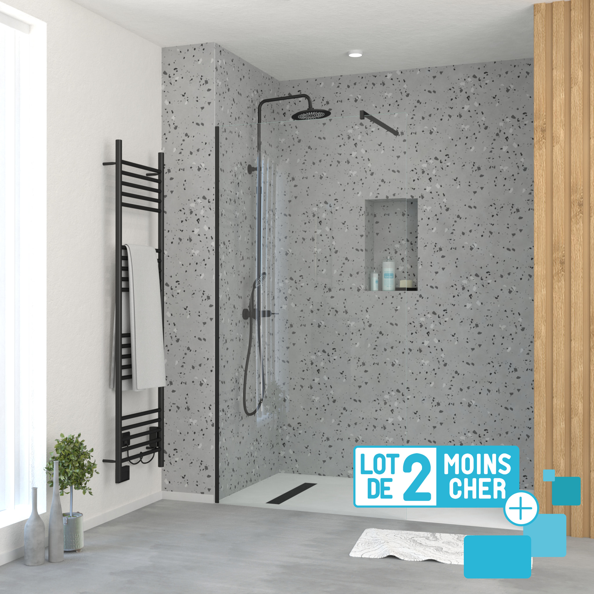 LOT de 2 Parois de Douche 100x195 cm en Verre Trempé 5 mm - Profilés et Bras Noirs
