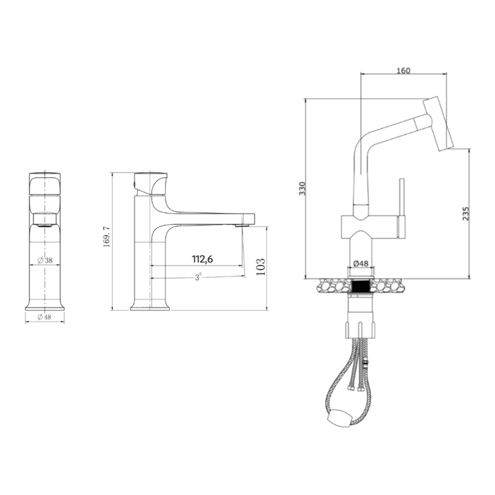 Dark set mitigeur lavabo + mitigeur cuisine Ceramia Timeless acier inoxydable, douchette extractible, or (SATB185BG)