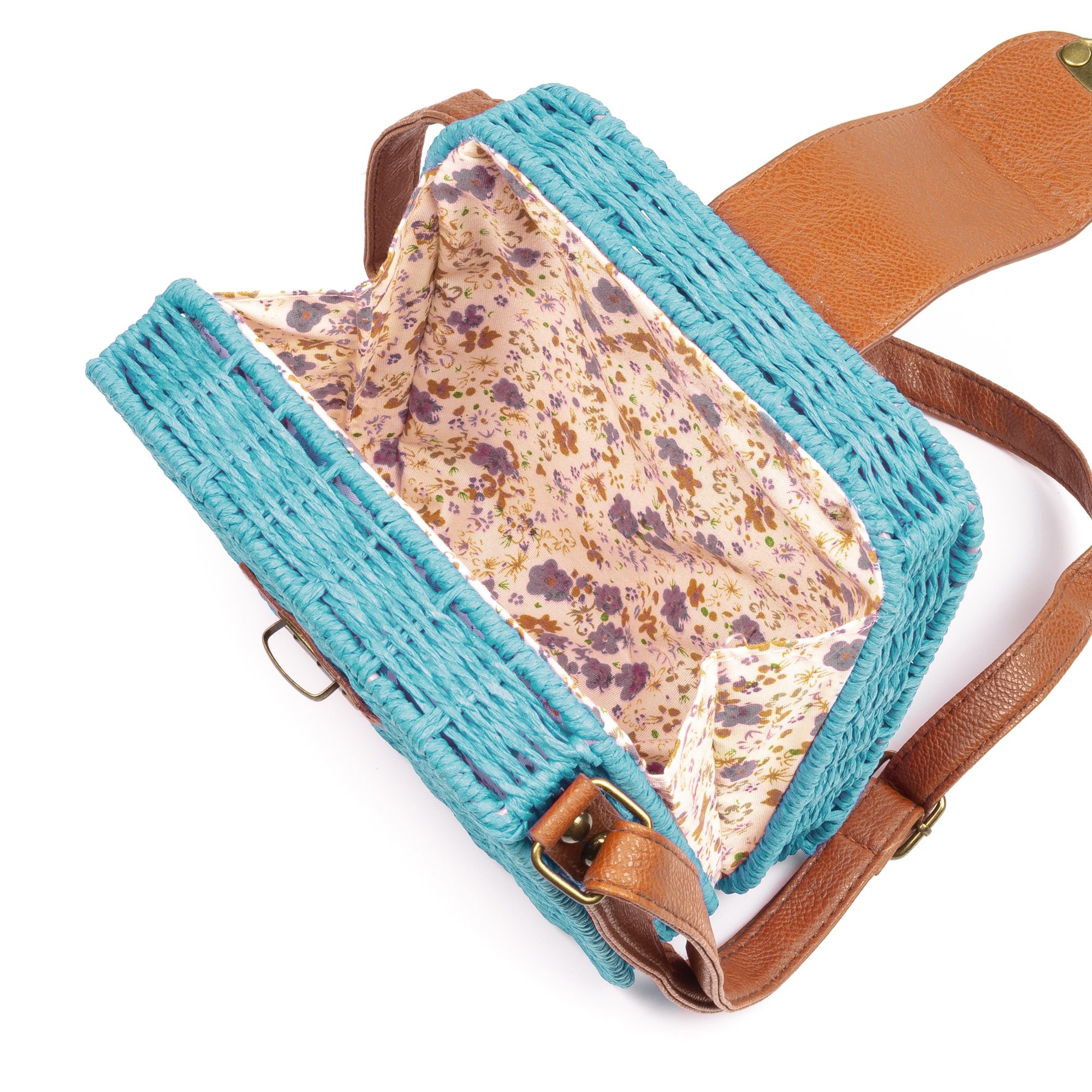 IRIA QUINTANA Borsa a tracolla da donna Empoli. Tessuto di paglia in pelle sintetica PU. 18x7x17 cm. Azzurro