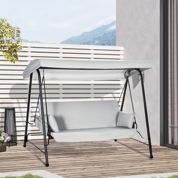 Columpio de Jardín de 3 Plazas Banco Balancín Convertible en Cama con Toldo Reclinable 2 Cojines 2 Bolsillos de Almacenamiento y Marco de Acero 236x138x185 cm Gris