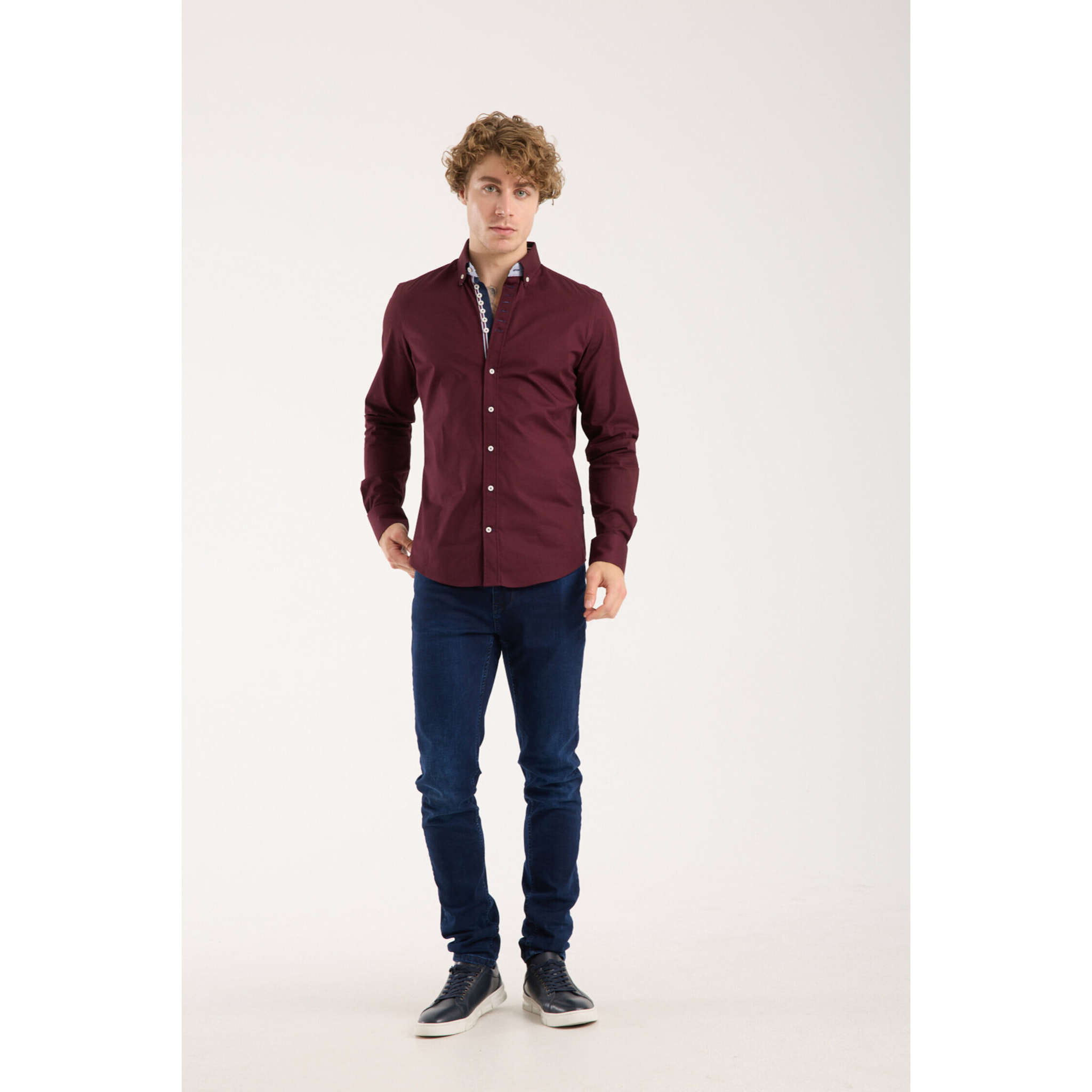 Camicia Uomo 1 Bottoni Button Down Slim Popeline Stretch Unito Bordeaux