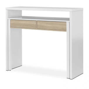 Mesa de escritorio extensible con 2 cajones en blanco artik y roble canadian 98,5x36-70 cm Zira Blanco Artik (Blanco Mate) - Roble Canadian