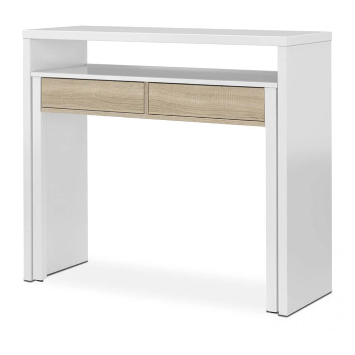 Mesa de escritorio extensible con 2 cajones en blanco artik y roble canadian 98,5x36-70 cm Zira Blanco Artik (Blanco Mate) - Roble Canadian