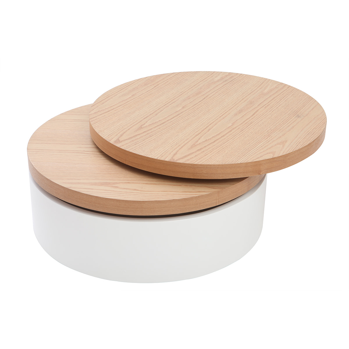 Table basse ronde avec plateaux pivotants et rangement blanc et bois clair chêne D80 cm ICON