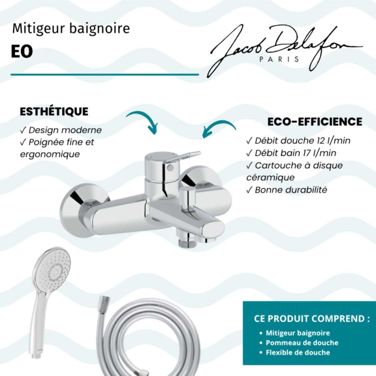 Mitigeur baignoire Eo + pommeau de douche Juliette + flexible de douche lisse