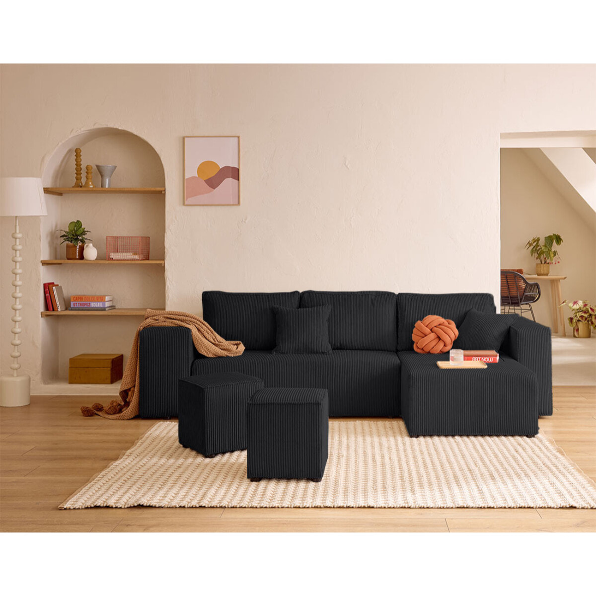 Topaze - canapé d'angle réversible 4 places - convertible avec coffre, tablette et poufs - en velours côtelé - Noir