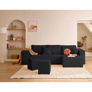 Topaze - canapé d'angle réversible 4 places - convertible avec coffre, tablette et poufs - en velours côtelé - Noir