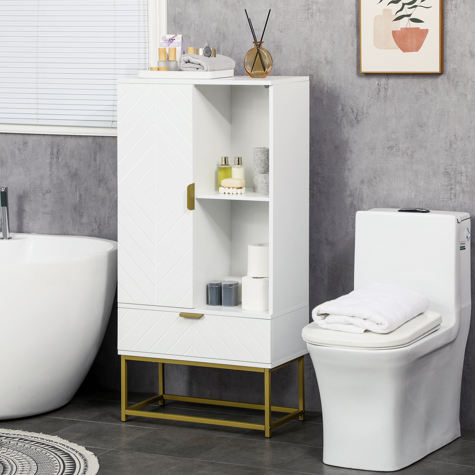 Meuble bas de salle de bain design - porte, étagère, tiroir, 2 niches, 1 tiroir - acier doré MDF blanc