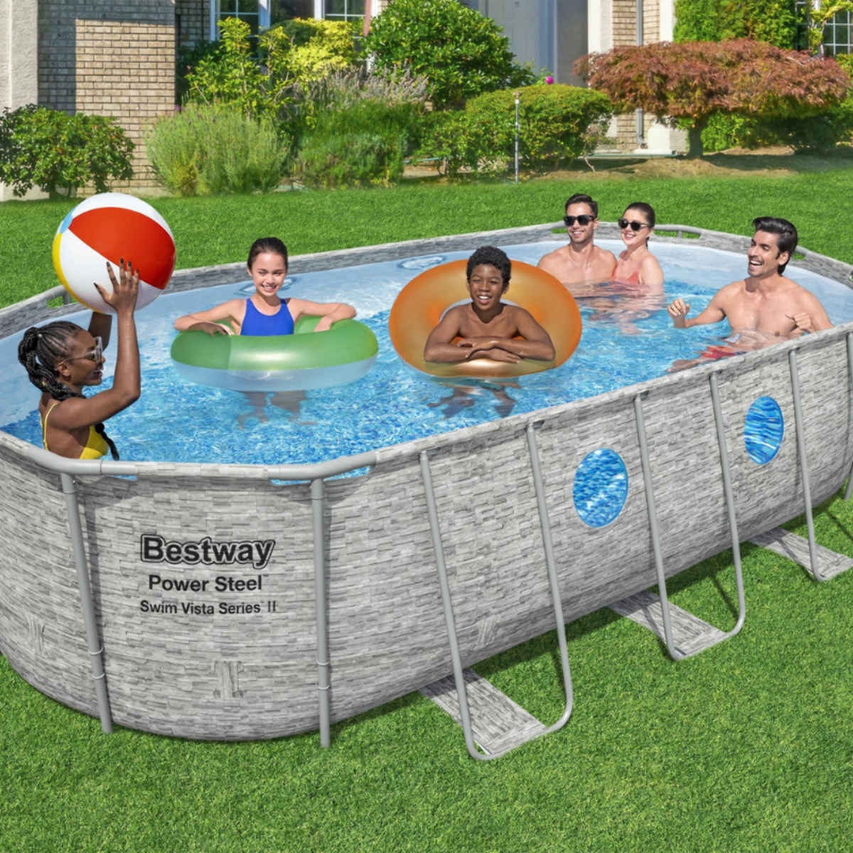Bestway Piscine hors sol tubulaire ovale Bestway Power Steel Swim Vista 549 x 274 x 122 cm décor pierres