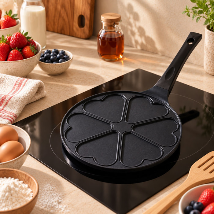 Poêle à pancake 26cm en aluminium en forme de cœur noire - tous feux
