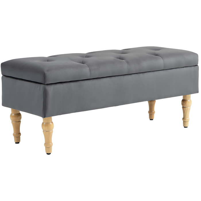 Banquette coffre style baroque - piètement bois assise effet capitonné velours gris