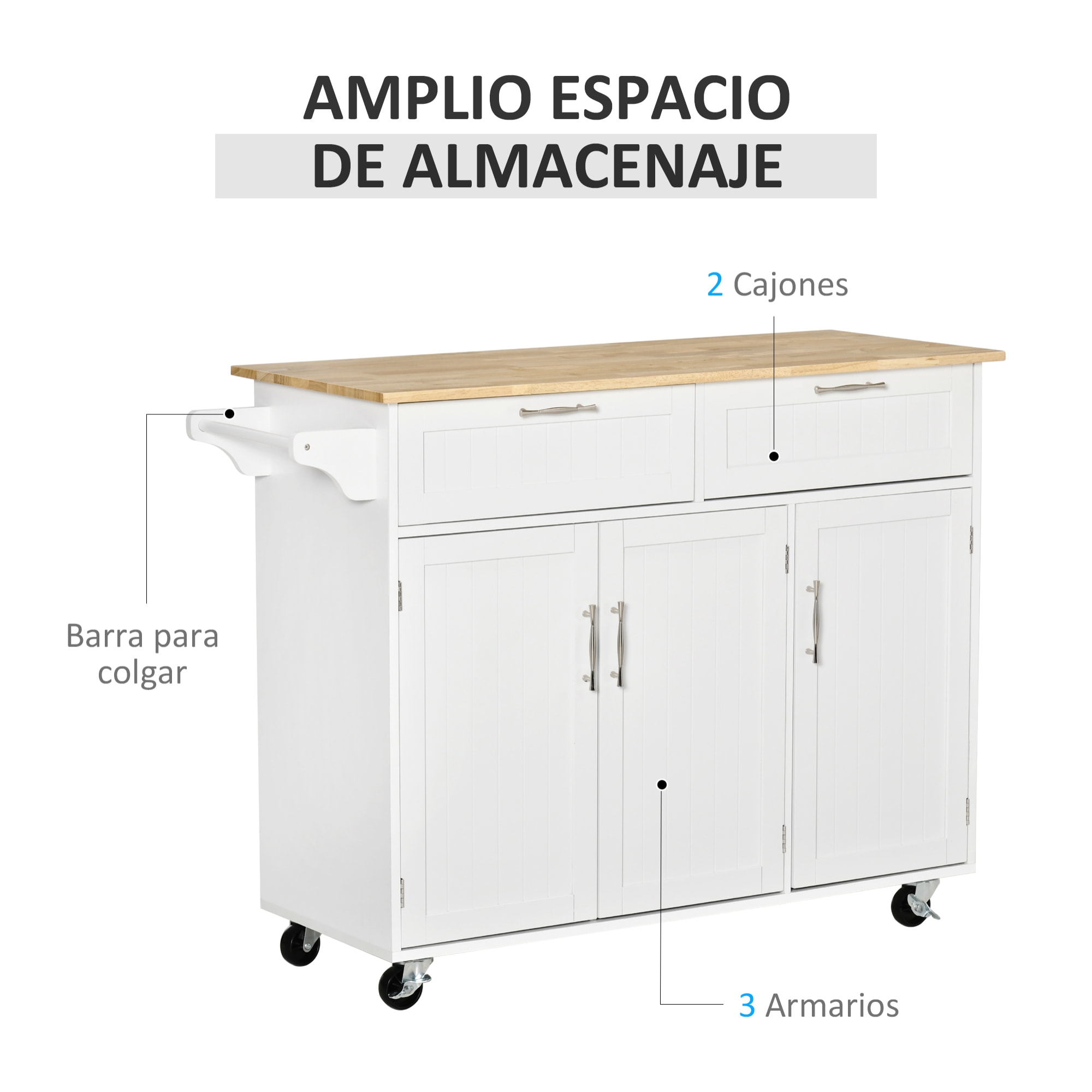 Isla de Cocina con Ruedas Carro de Cocina Mueble Auxiliar de Cocina con 2 Cajones 3 Puertas y Barra Lateral para Comedor 121x46x91 cm Roble y Blanco