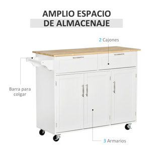 Isla de Cocina con Ruedas Carro de Cocina Mueble Auxiliar de Cocina con 2 Cajones 3 Puertas y Barra Lateral para Comedor 121x46x91 cm Roble y Blanco