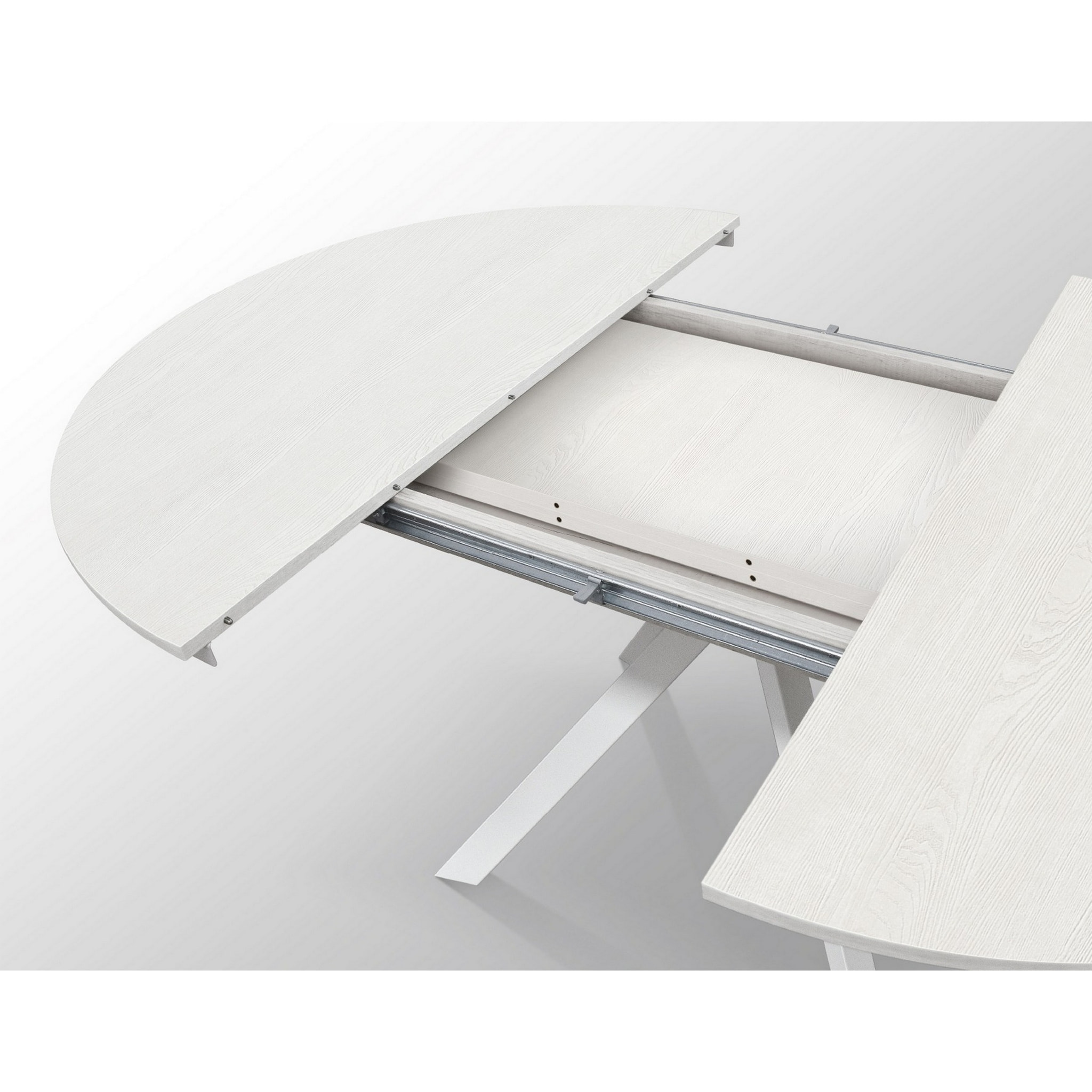 Tavolo rotondo PANTELLERIA in legno effetto bianco frassinato con gambe incrociate in metallo bianco, allungabile ⌀120 cm - ⌀170 cm