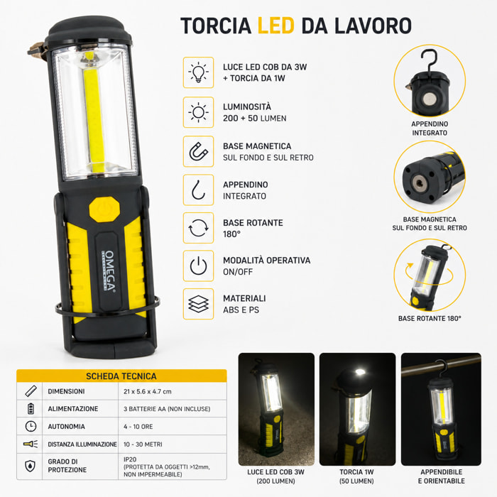OMEGA Torcia da Lavoro Work Light LED COB Base Magnetica e Gancio 250 Lumen