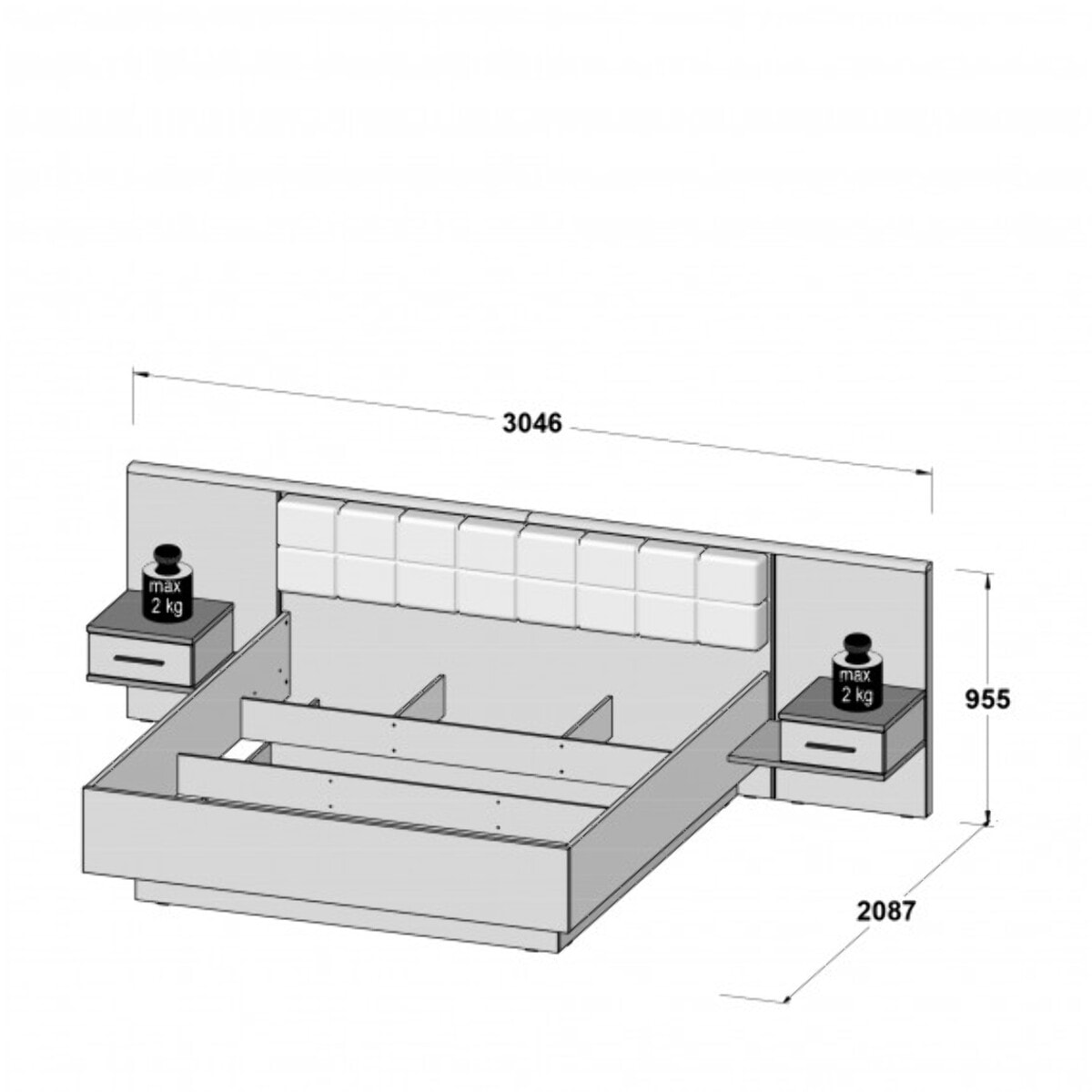 Lit double 180x200 et tables de chevet éclairages LED - BELLA