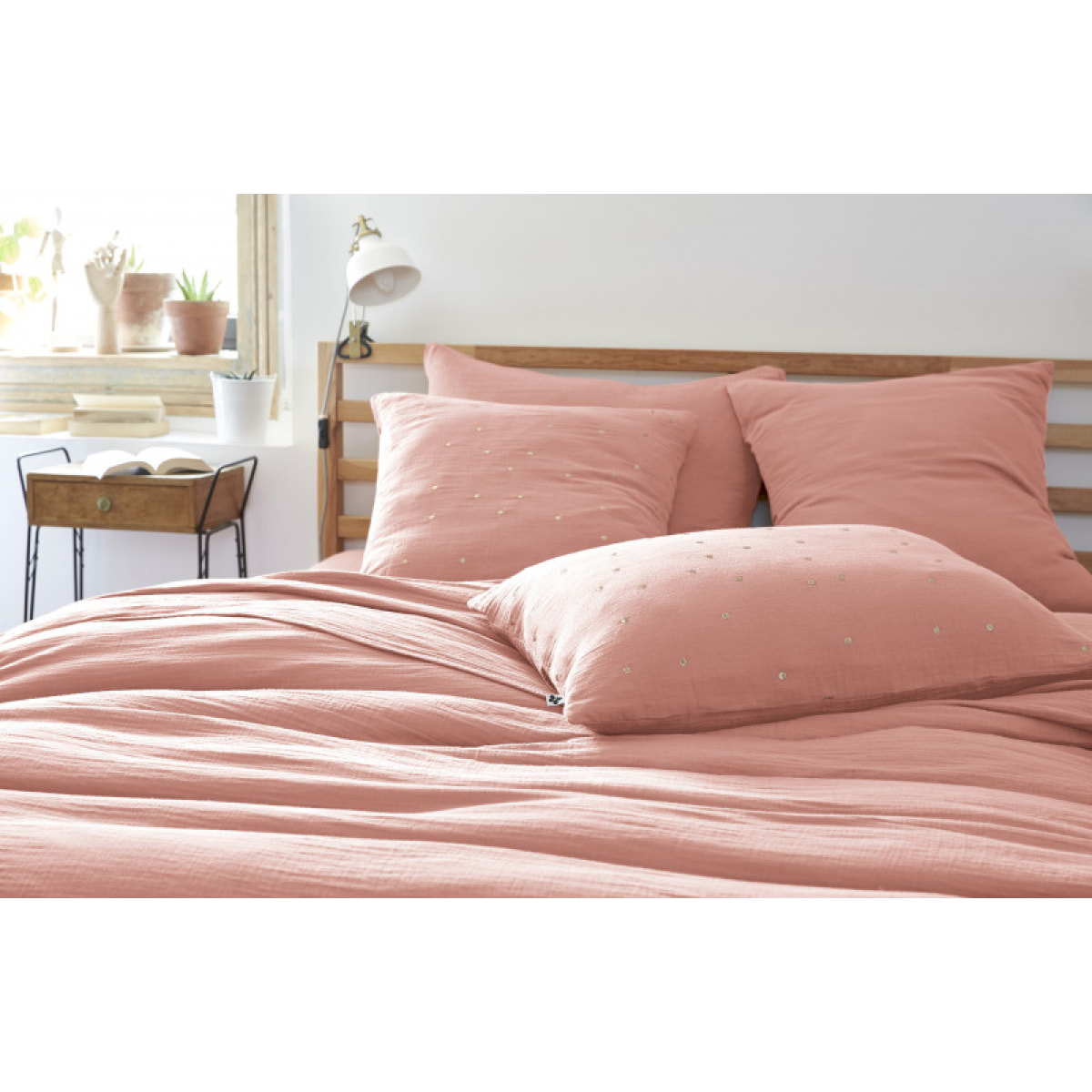 Taie d'oreiller Pois Doré Déco "Gaïa Chic" "Gaze de Coton" - Gaïa Chic Rose Pêche