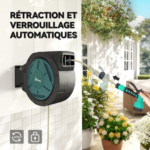 Dévidoir mural enrouleur automatique pivotant 180° tuyau 25+2m avec pistolet arrosage support mural intégré vert noir