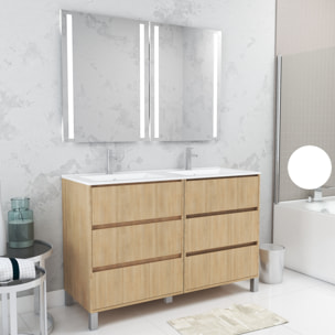 Meuble Salle de Bains 120 cm Chêne Clair 6 Tiroirs, Vasque, Miroirs 60x80 à Leds intégrées - XENOS