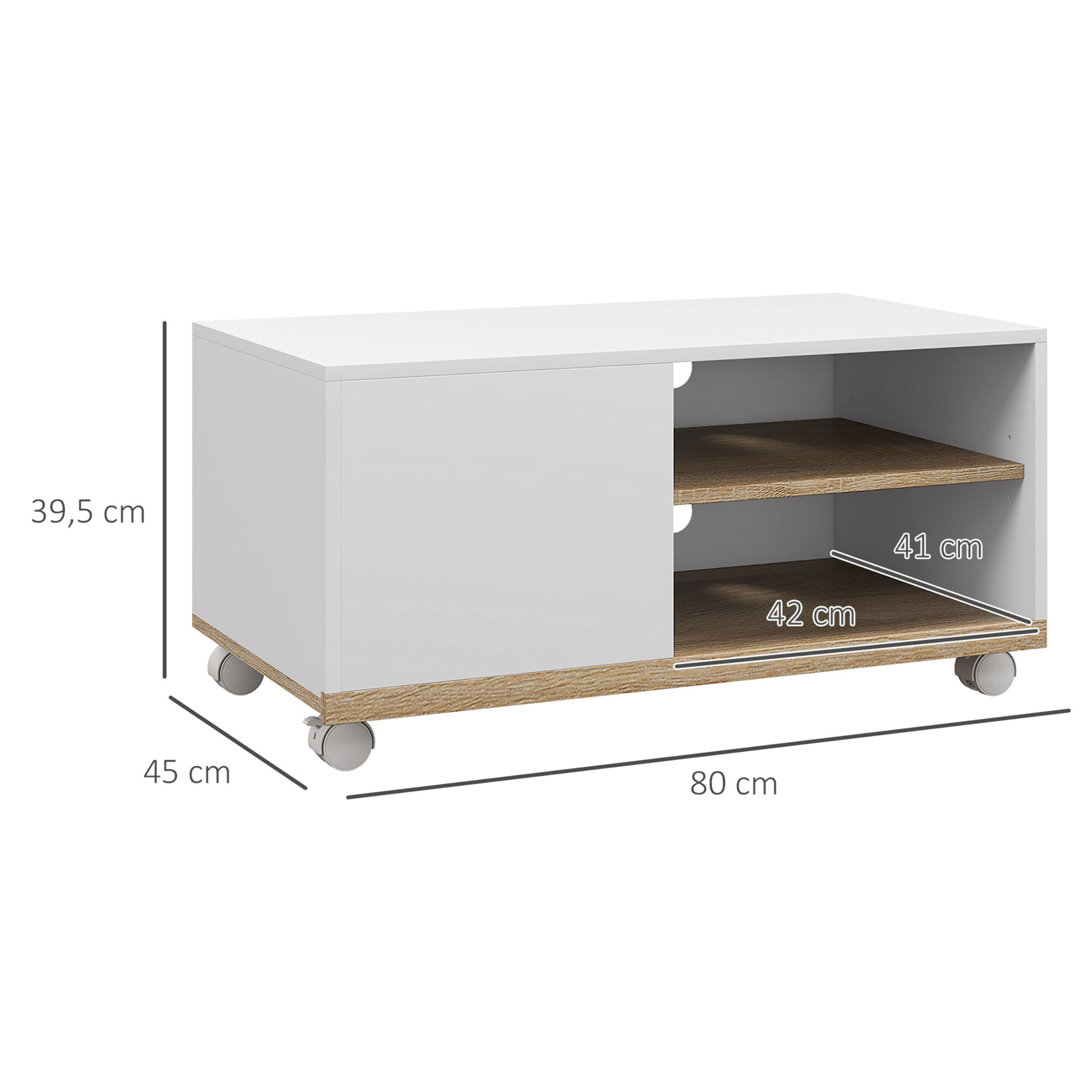 Mueble de TV con Ruedas, Mesa de TV Móvil, Mueble para Televisión hasta 32 Pulgadas, con 1 Puerta, 2 Compartimentos Abiertos, Estante Ajustable, para Salón, Comedor, Dormitorio, Blanco
