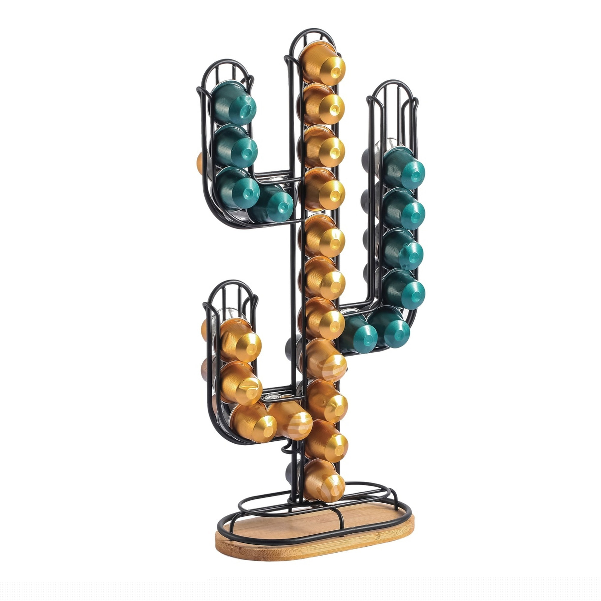 Soporte para cápsulas nespresso para 50 uds - En metal y bambú de color negro con diseño de cactus