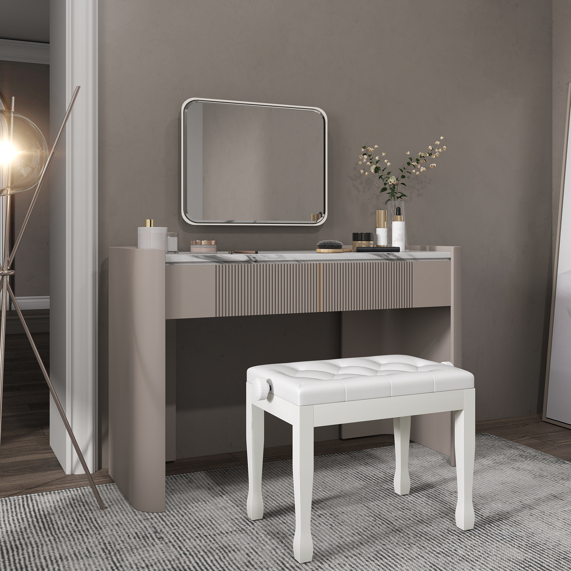 Banco de Piano, Altura Ajustable, Banqueta de Piano con Asiento de Cuero Sintético, Patas de Madera, Carga Máxima 200 kg, 64x35x55 cm, Blanco