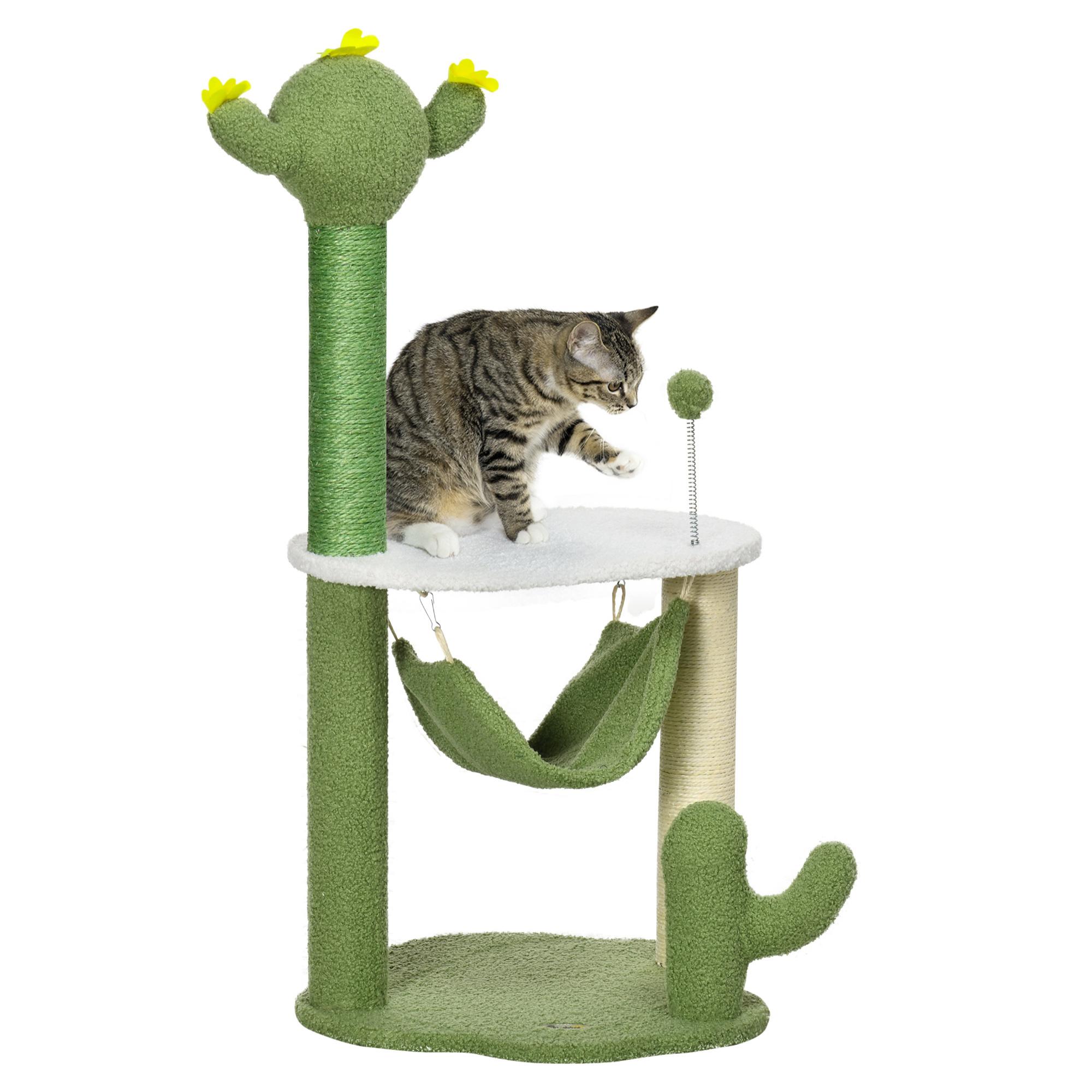 Árbol Rascador para Gatos con Forma de Cactus Altura 90 cm Torre para Gatos con Hamaca Plataforma Postes de Sisal y Bola Divertida 45x45x90 cm Verde