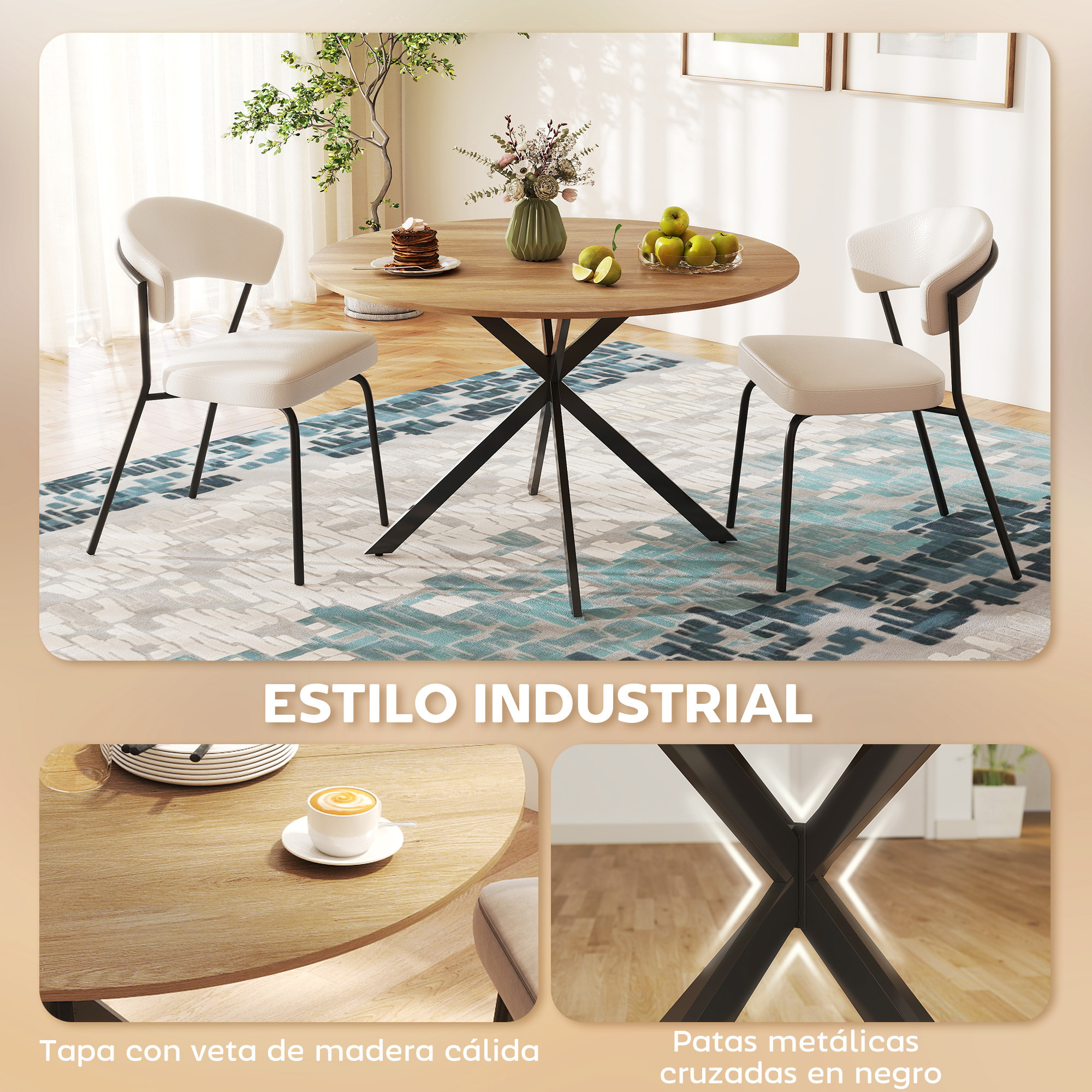 Mesa de Comedor Redonda para 4 Personas Mesa de Cocina Industrial con Estructura de Acero Ø120x75 cm Roble