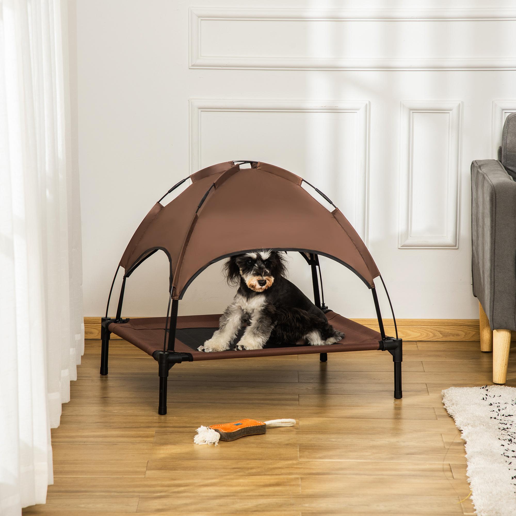 Cama Elevada para Mascotas Portátil con Toldo Extraíble Tela Transpirable al Aire Libre para Interior y Exterior 76x61x73 cm Café