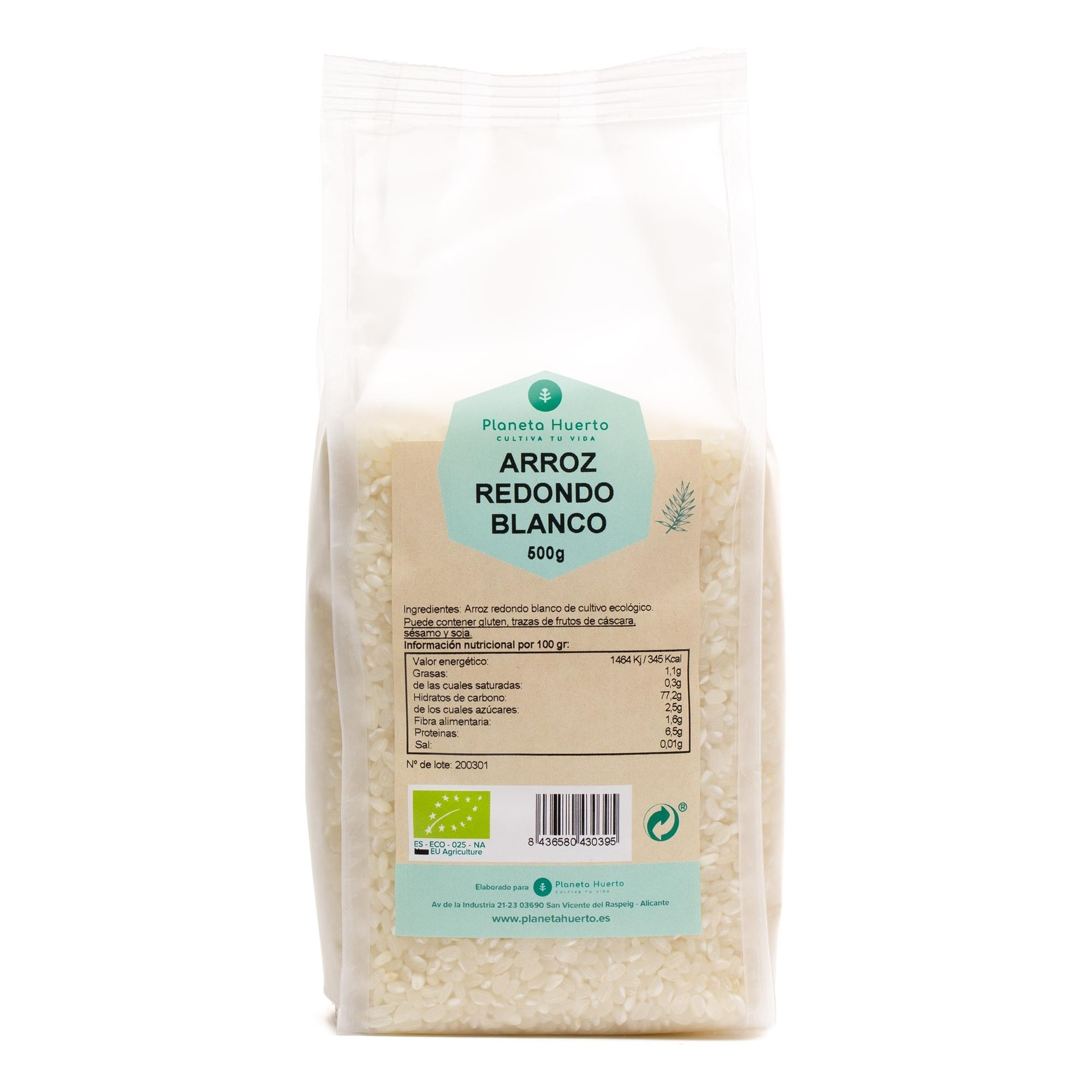 PLANETA HUERTO | Arroz Redondo Blanco ECO 500 g - Arroz Blanco Ecológico de Grano Redondo, Ideal para Platos Tradicionales y Saludables, Rico en Hidratos de Carbono