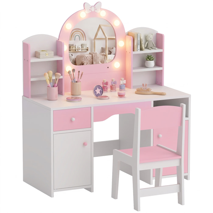 AIYAPLAY Tocador de Maquillaje Niña con Espejo de LED de 2 Colores, Taburete, 2 Armarios, Cajón, Estantes, Compartimento Abierto, Tocador Infantil para Niños 3-8 Años, para Habitación Infantil, Rosa
