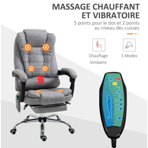 Fauteuil de bureau direction massant chauffant hauteur réglable dossier inclinable repose-pied rétractable tissu technique gris