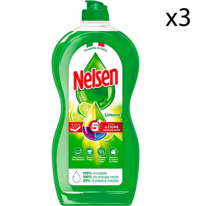 3x Nelsen Detersivo Liquido Sgrassante al Limone per Piatti - 3 Flaconi da 900ml