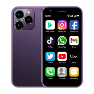 DAM Mini smartphone XS16 4G, Android 8.1, 2GB RAM + 16GB. Pantalla 3''.Doble tarjeta SIM. 4,5x1,2x10,2 Cm. Color: Morado