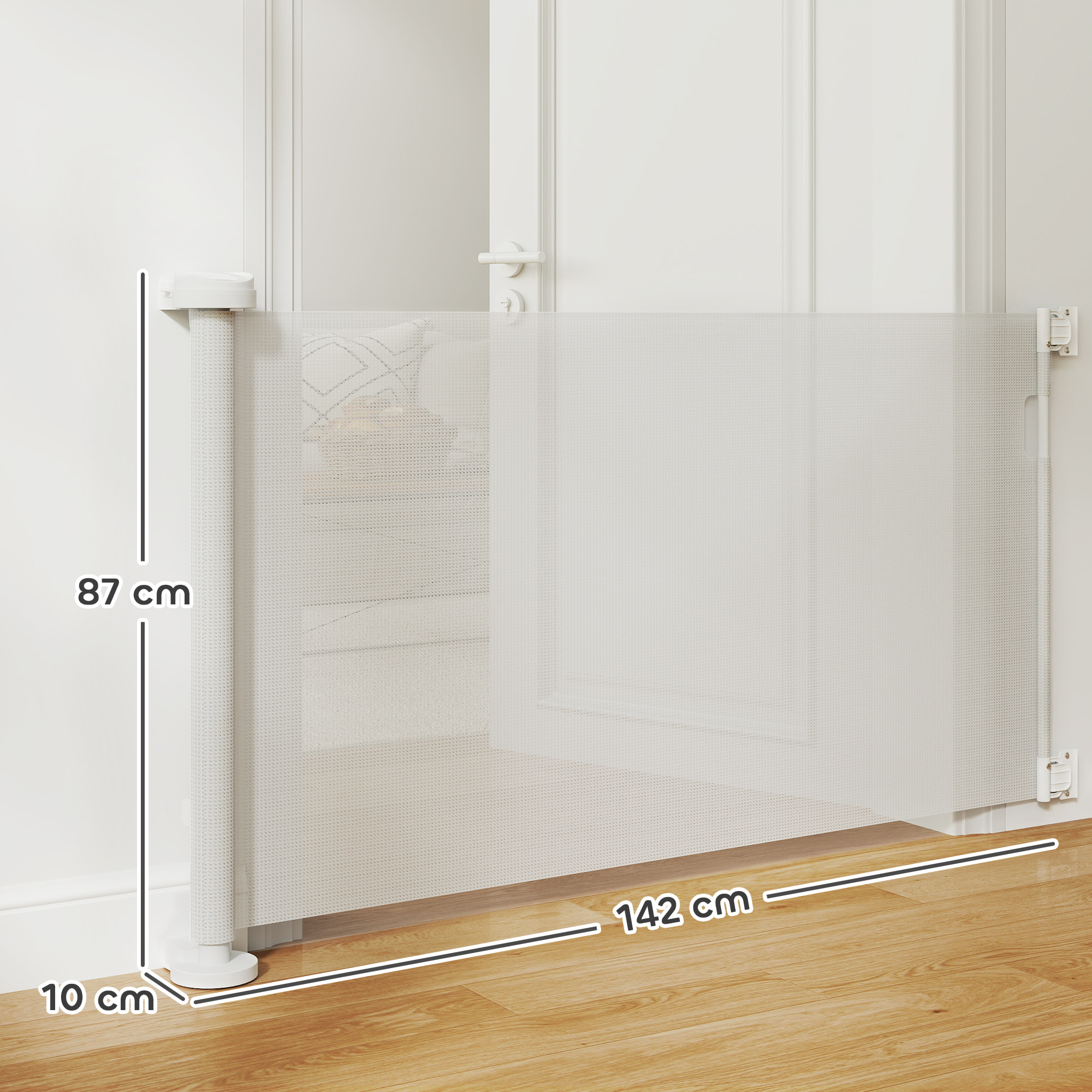 Barrera de Seguridad para Perros Retráctil 0-136 cm Puerta para Perros Pequeños Extensible con Interruptor de Cierre Red de Seguridad para Pasillos Escaleras Interiores y Exteriores