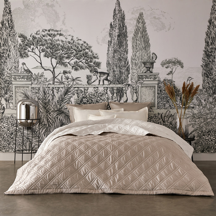 Couvre-lit matelassé bicolore en satin de coton bio, MERVEILLE, Blanc et beige