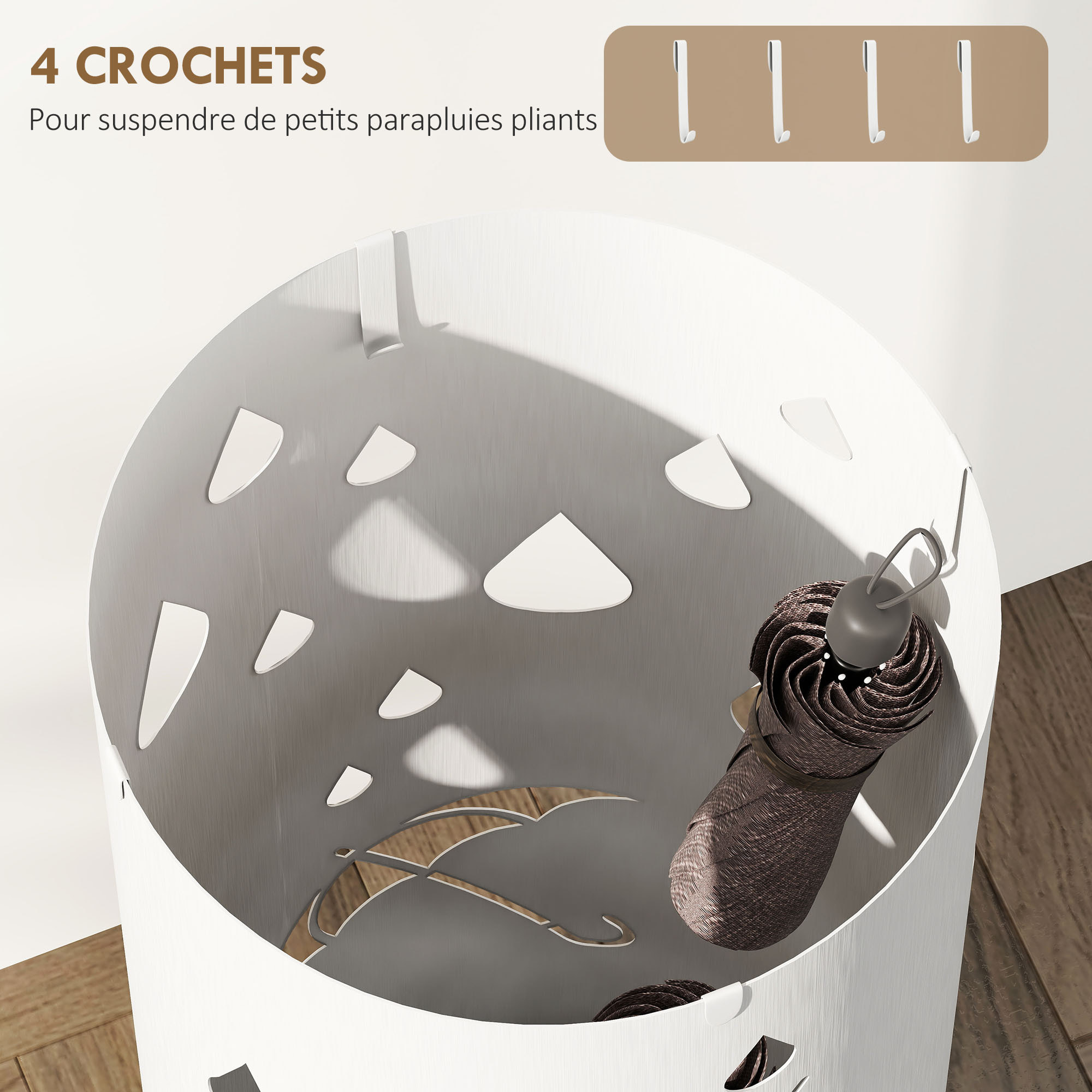 Porte-parapluie design - support parapluie H.41cm - 4 crochets, bac à eau - acier blanc