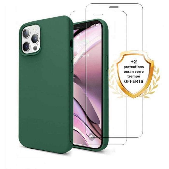 Coque iPhone 12 Pro Max Silicone liquide Vert Foret + 2 Vitres en Verre trempé Protection écran Antichocs