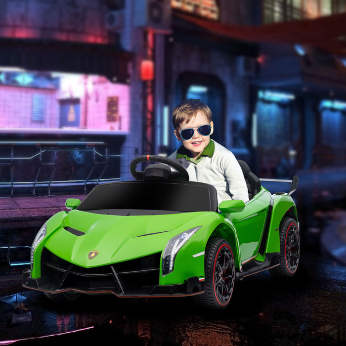 Coche Eléctrico Lamborghini para Niños de 3 a 6 Años Coche de Batería 12V Velocidad Max.7 km/h Puerta de Tijera con Control Remoto MP3 Luces y Cinturón de Seguridad 111x61x45 cm Verde