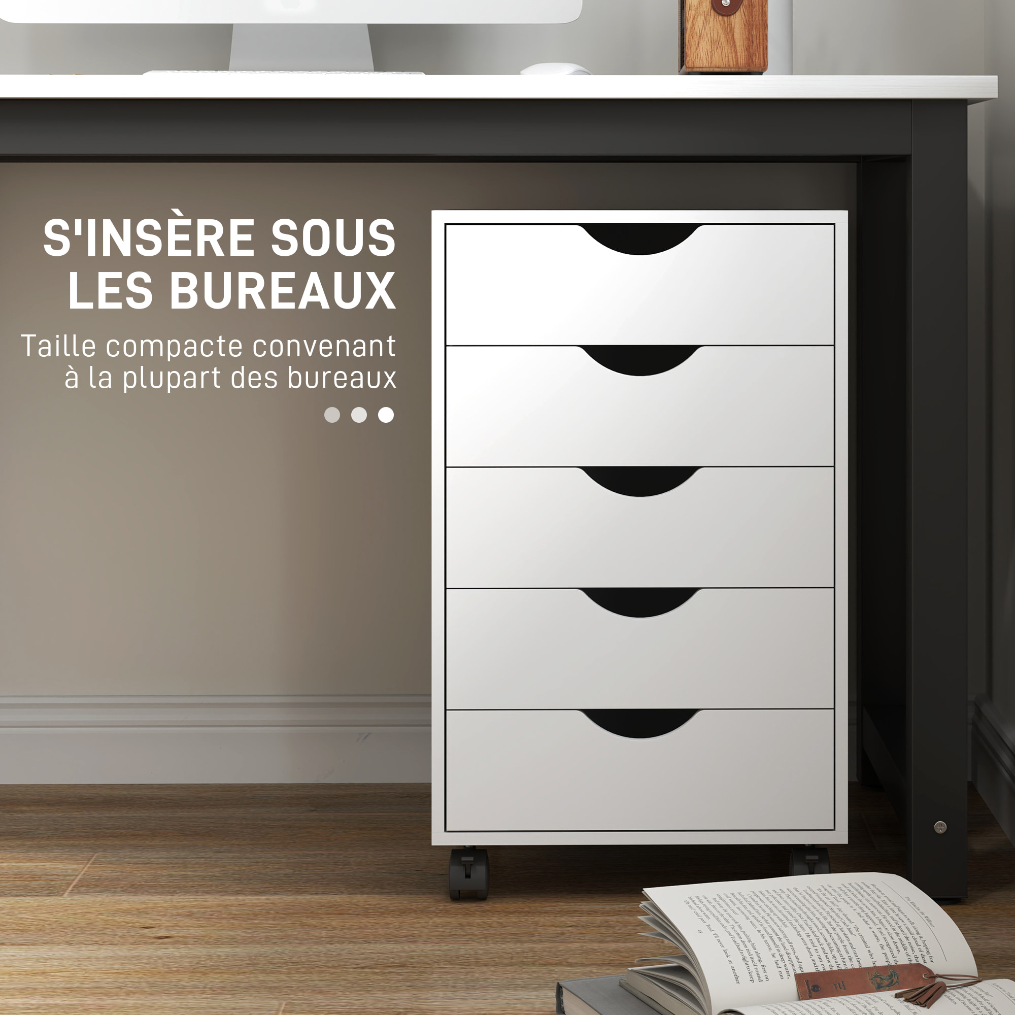 Caisson bureau 5 tiroirs mobile dim. 40x40x67cm blanc