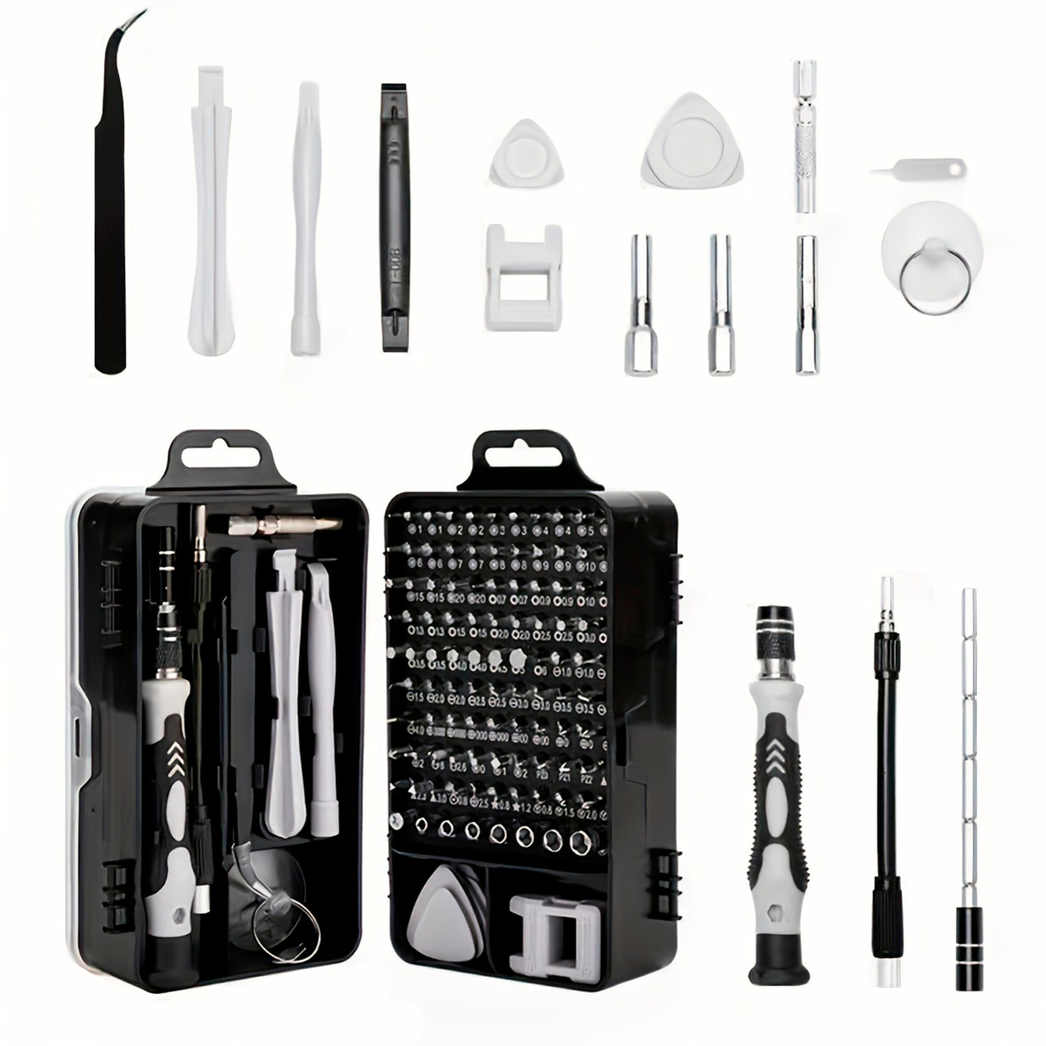 Kit de destornillador multifunción portátil 115 en 1 con eje flexible, barra de crecimiento, pinza y 98 puntas.