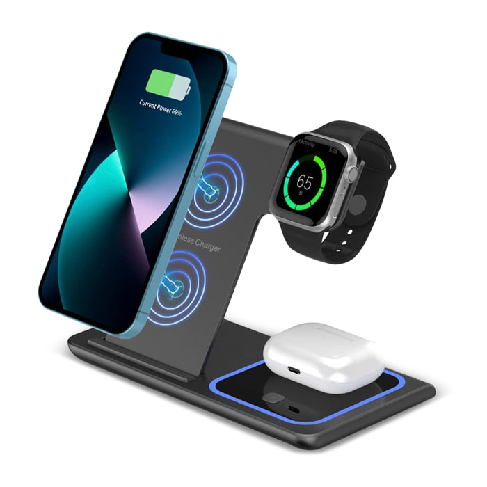 DAM Base de carga inalámbrica plegable 3 en 1. Base Qi 15W doble posición, cargador de Apple Watch y base Qi. Con luz de ambiente azul. Función stand. 16,5x9,3x10,1 Cm. Color: Negro